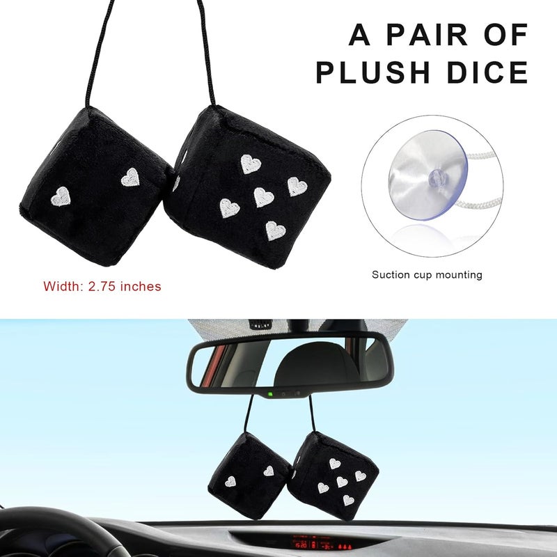 ZNDAW 2 PCS Fuzzy Plush Dice for Car Mirror, 2.75" Retro Square Heart Shape Car Rearview Mirror Cute Decor, Fluffy Dice Vehicle Hanging Ornament Decoration Interior for Women (Black) - Image 2